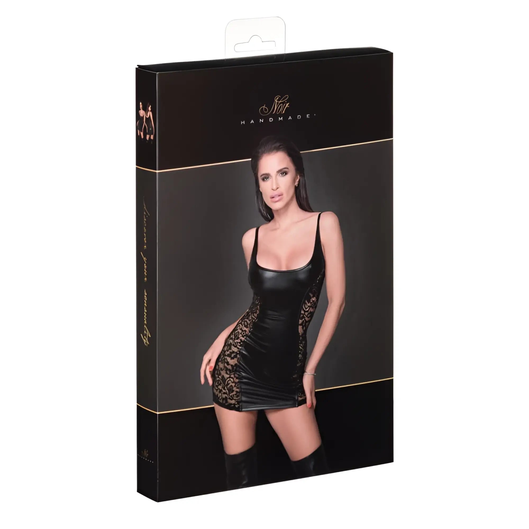 Black satin slip dress with gold lace detailing from noir power wetlook dress with lace inserts collection