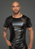 Noir power wetlook men t-shirt in black glossy faux leather with mesh panels on shoulders and sides in l/xl