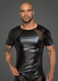 Black glossy faux leather short-sleeved men t-shirt with mesh panels on shoulders and sides noir power wetlook s