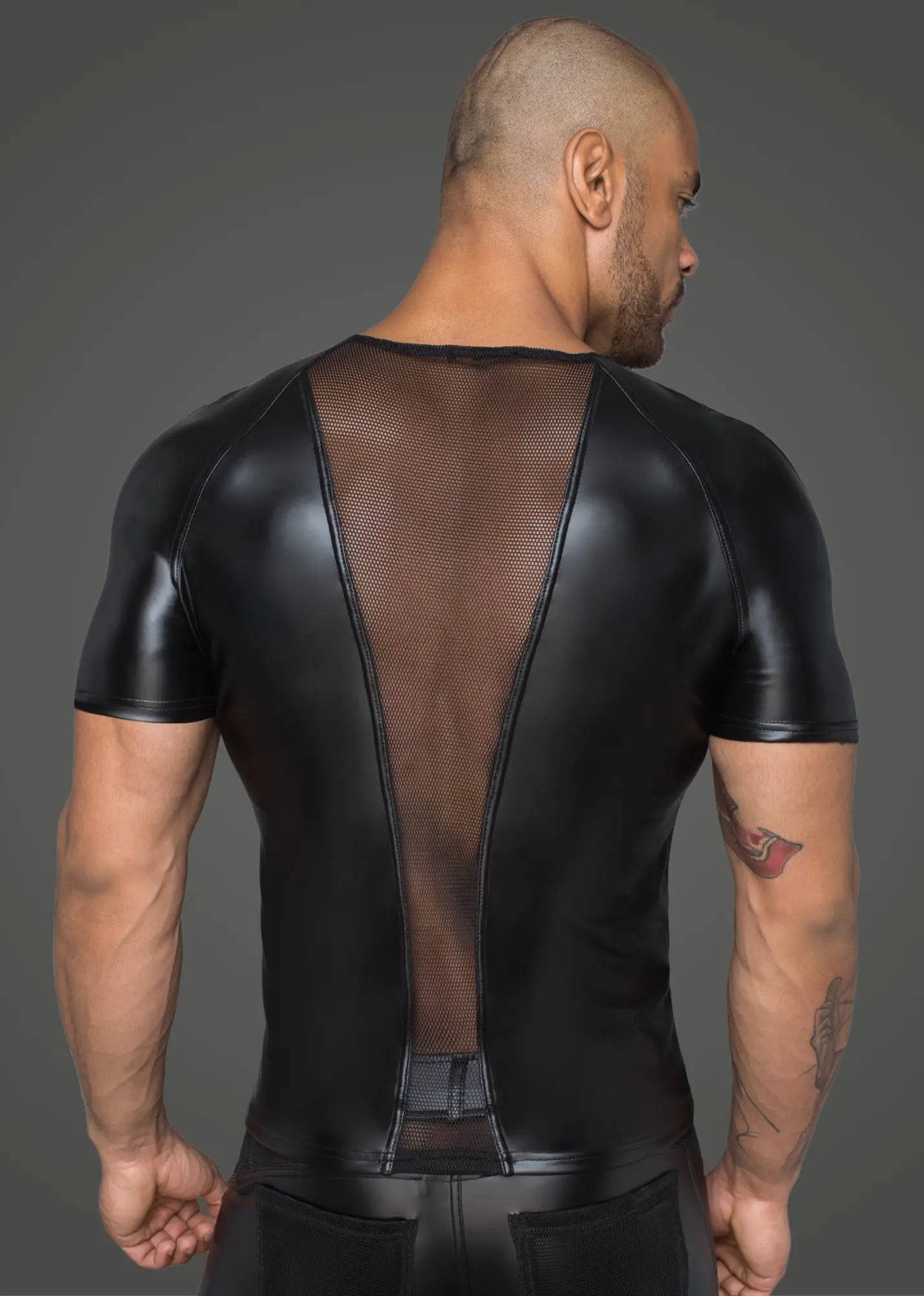Black glossy faux leather short-sleeved men t-shirt with a mesh back panel showing the back side