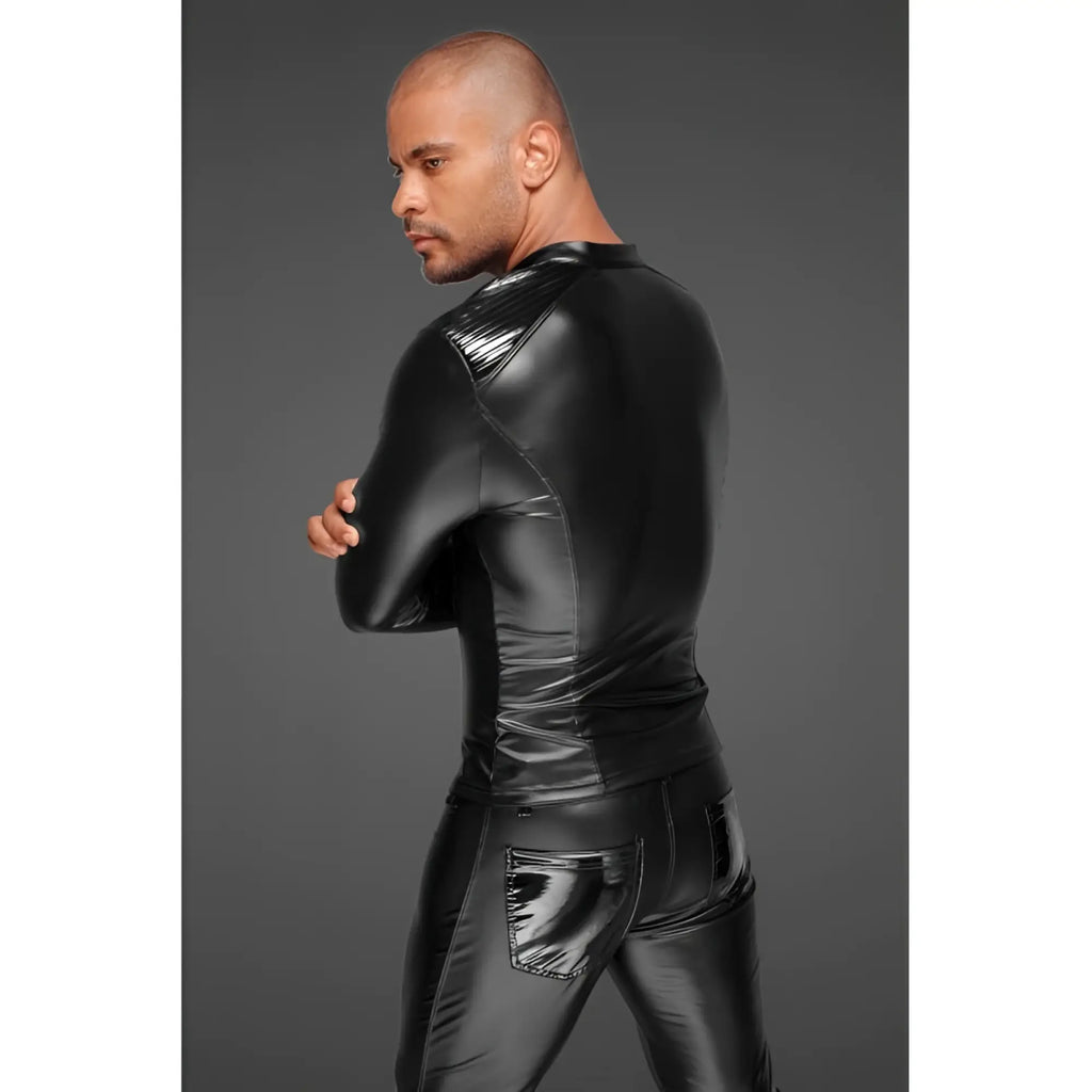 Black patent leather bodysuit with glossy finish and silver reflective stripes on shoulders in noir power wetlook mens jacket l