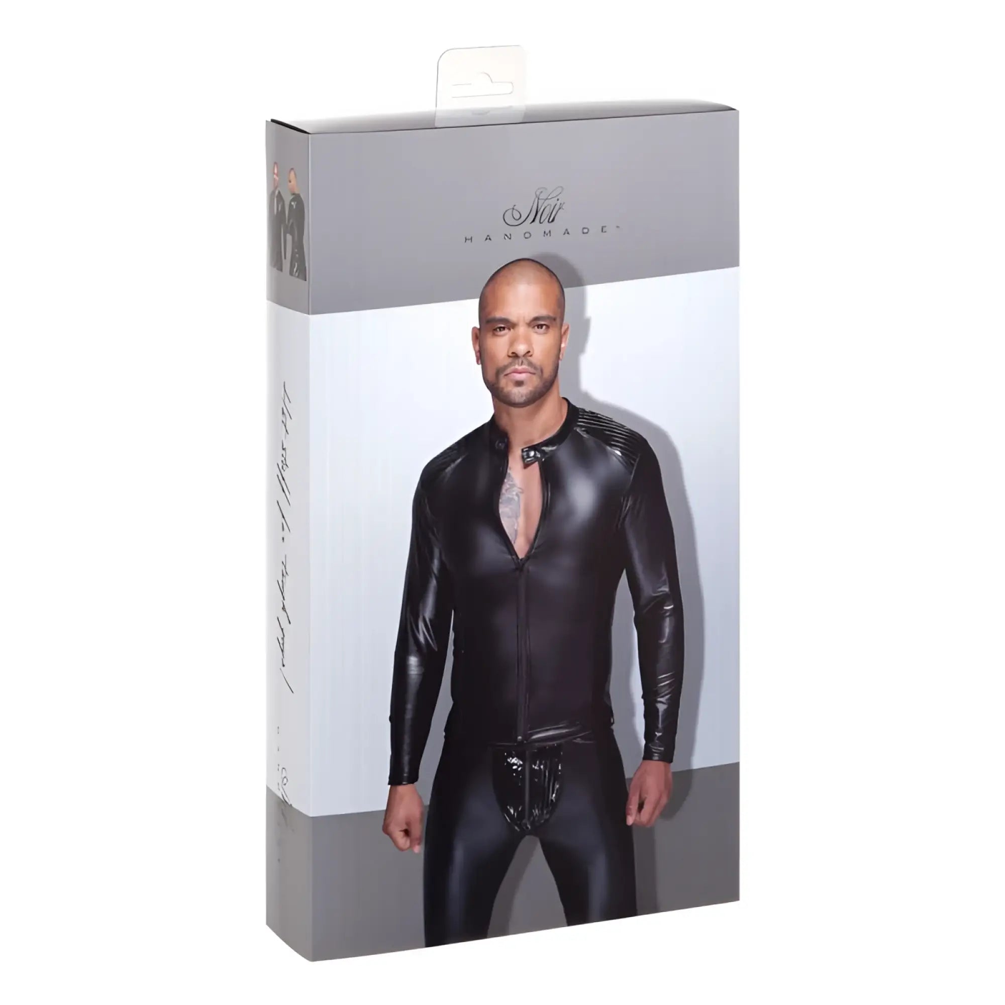 Noir Power wetlook mens jacket in black glossy latex with zipper front and subtle ribbed shoulder detailing
