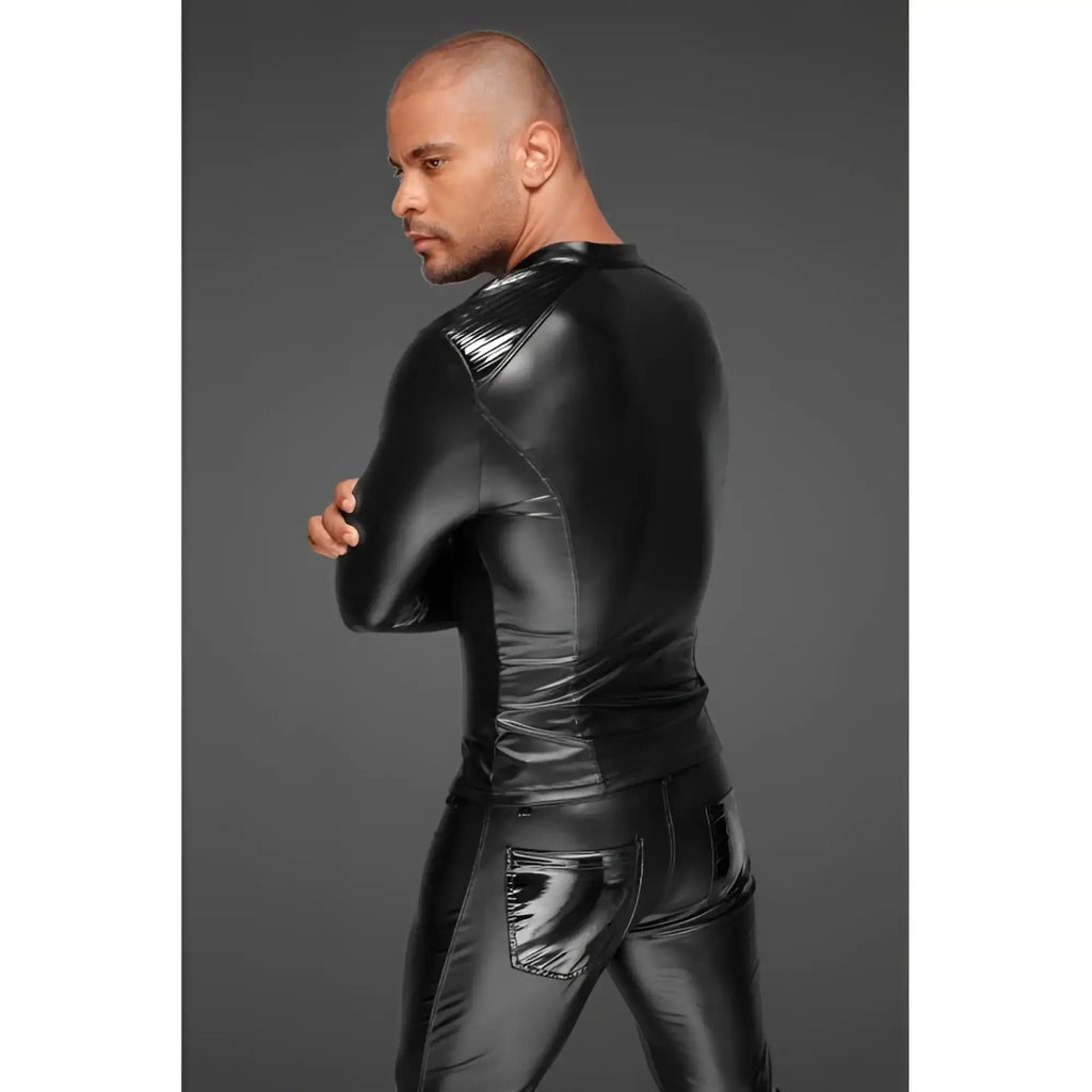 Black patent leather bodysuit with glossy finish and silver reflective stripes on shoulders noir power wetlook mens jacket m