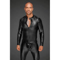 Black glossy faux leather zip-up mens jacket with ribbed shoulder panels and pleated pvc epaulets noir power wetlook s