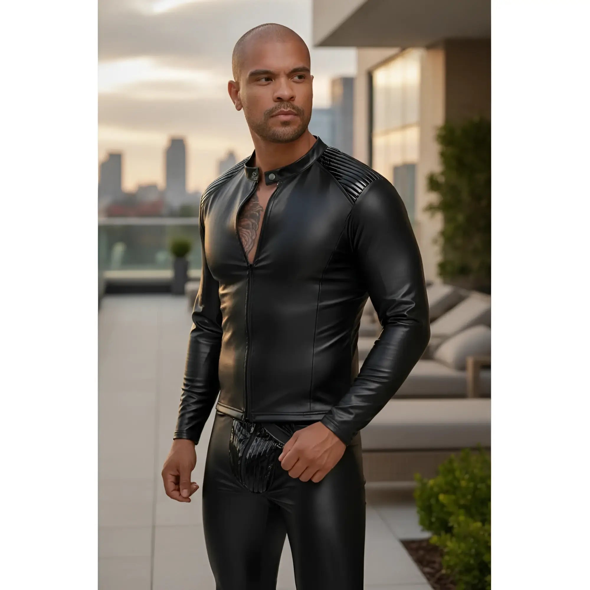 Black glossy faux leather zip-up jacket with ribbed shoulder panels and pleated pvc epaulets in xl size