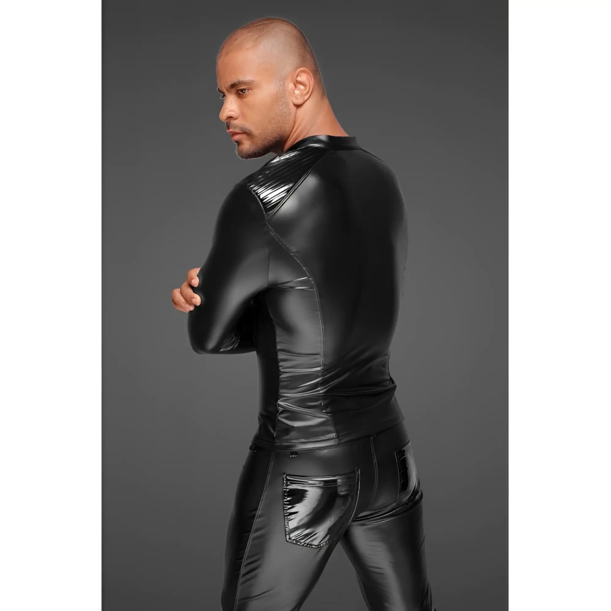 Black patent leather bodysuit with glossy finish and silver reflective shoulder stripes in noir power wetlook mens jacket xl