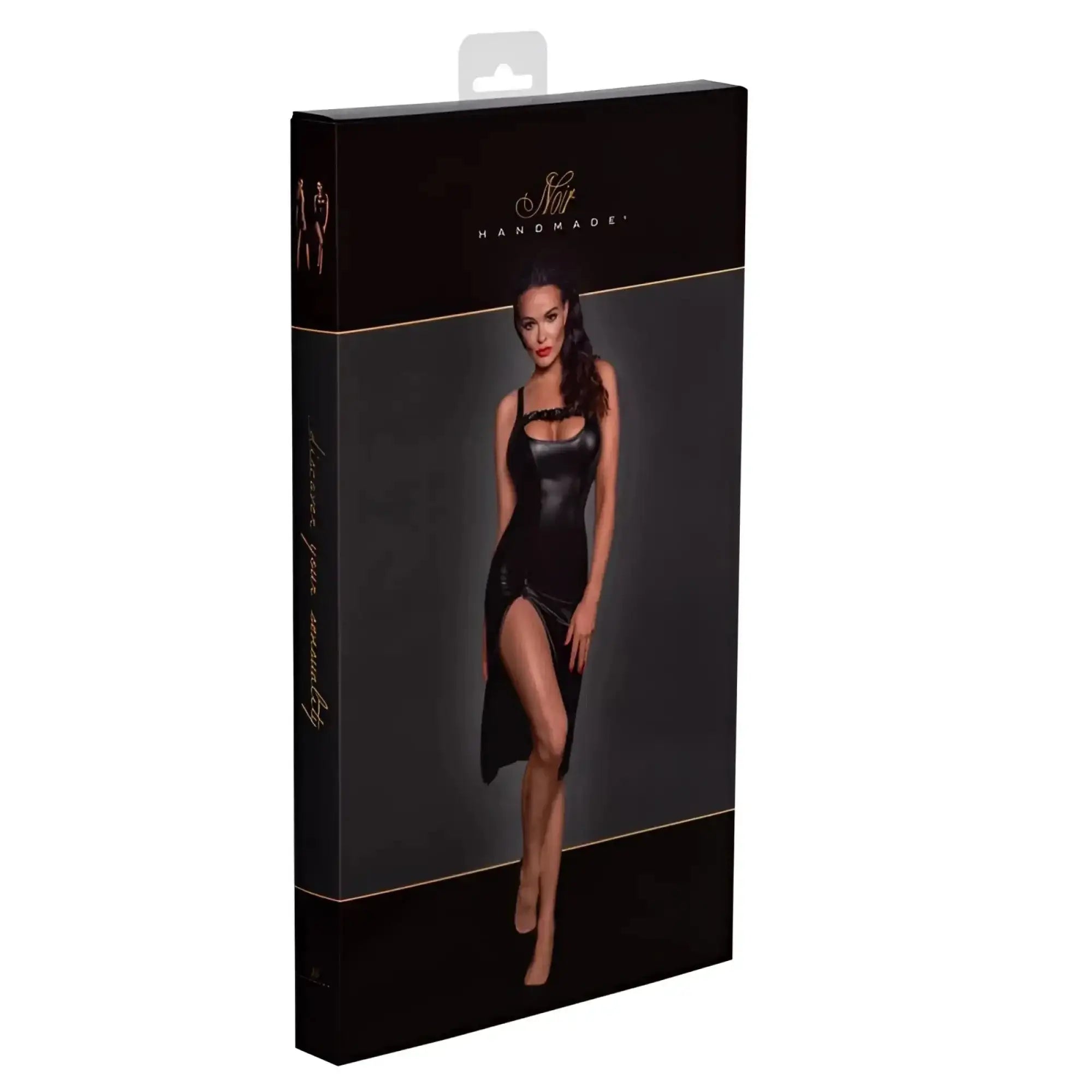 Black satin-like noir power wetlook midi dress with high slit halter neckline and front zipper packaged in elegant box