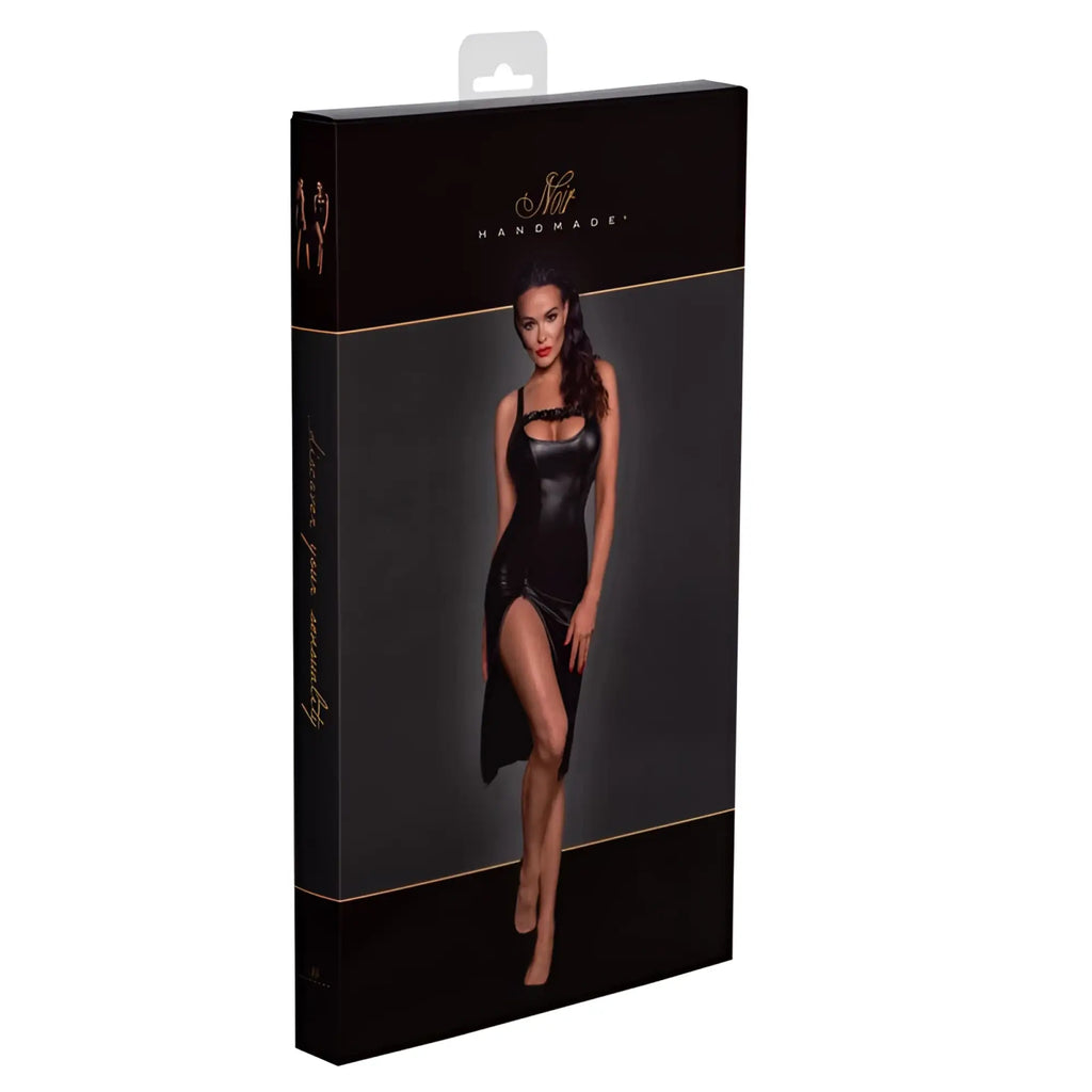 Black satin-like noir power wetlook midi dress with high slit halter neckline and front zipper packaged in elegant box
