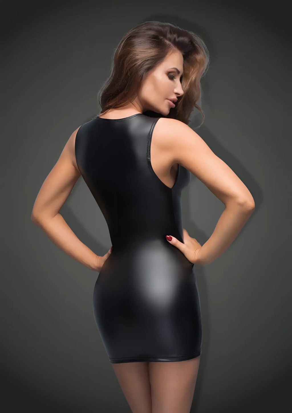 Black glossy faux leather mini dress with sleek back cutout and sleeveless design shown from back side