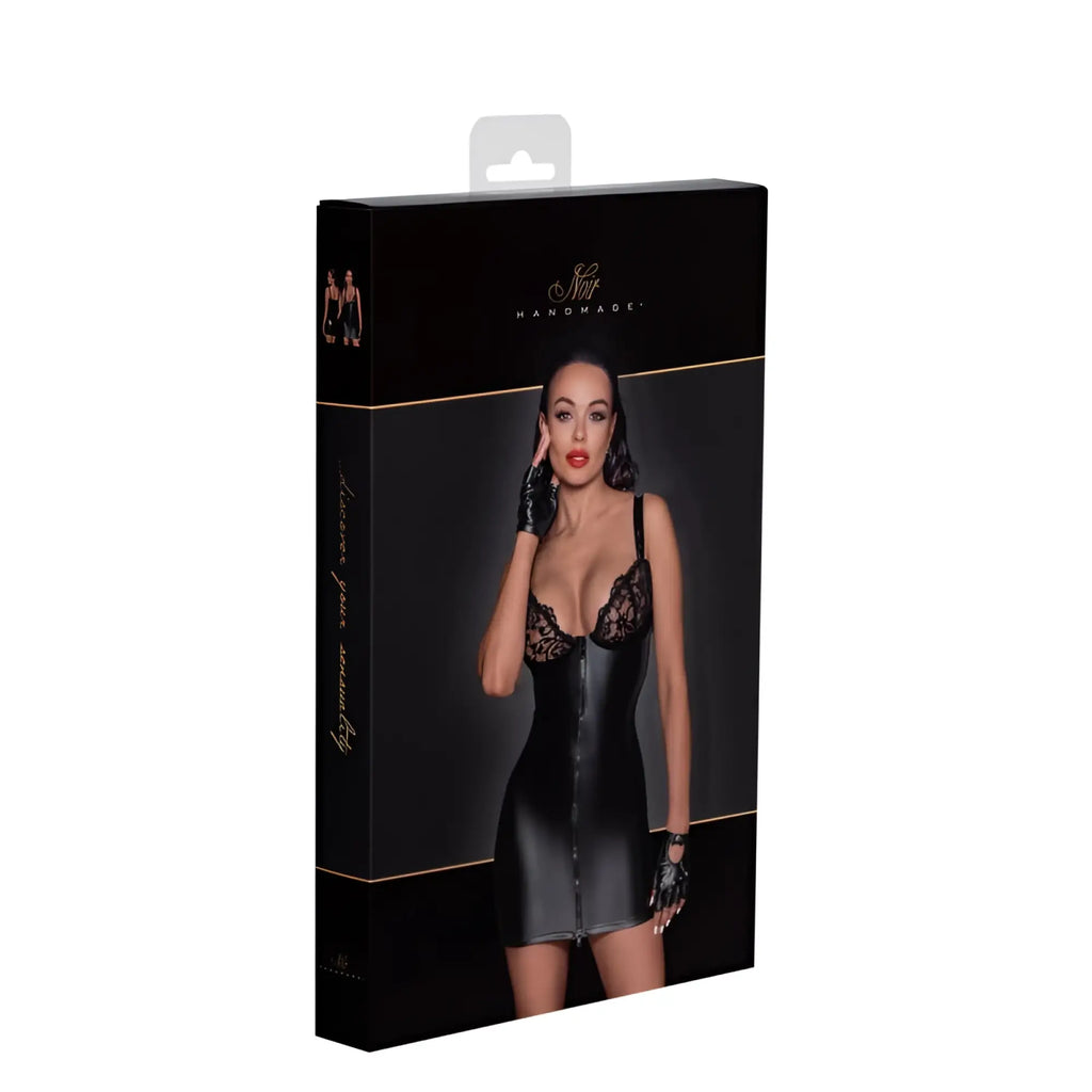 Black lace bodysuit with front zipper thin straps on packaging from noir power wetlook mini dress with lace chest