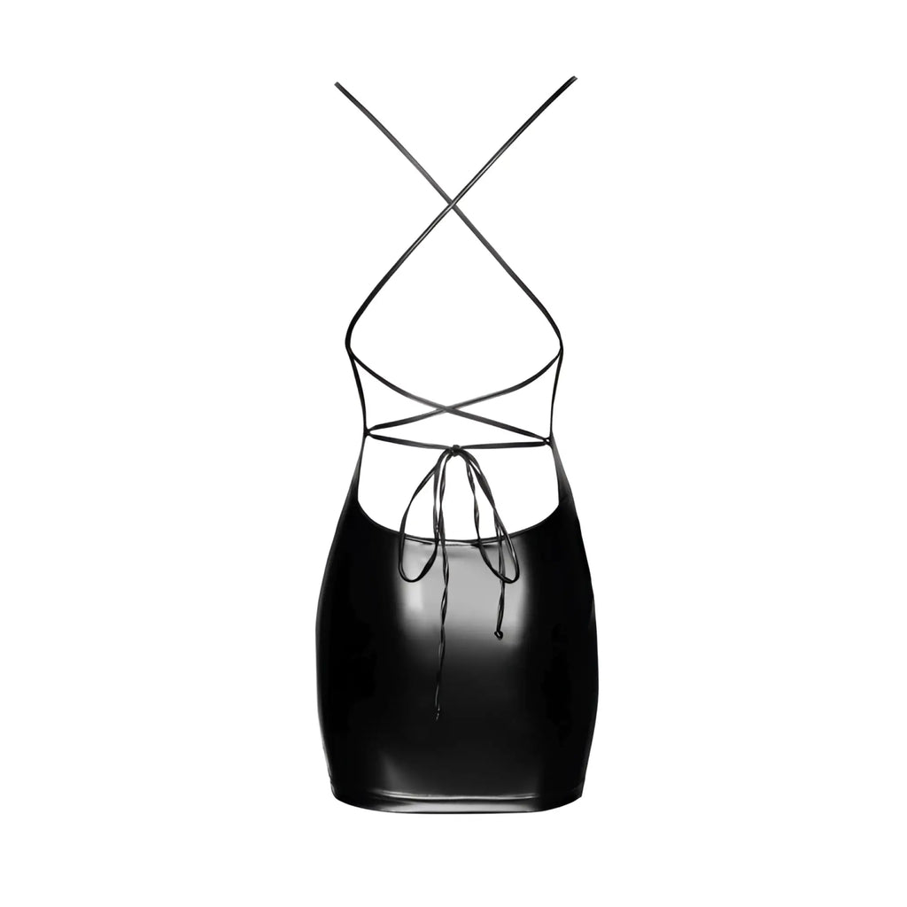 Black glossy faux leather mini dress with crisscross lace up back tie design shown from the back side