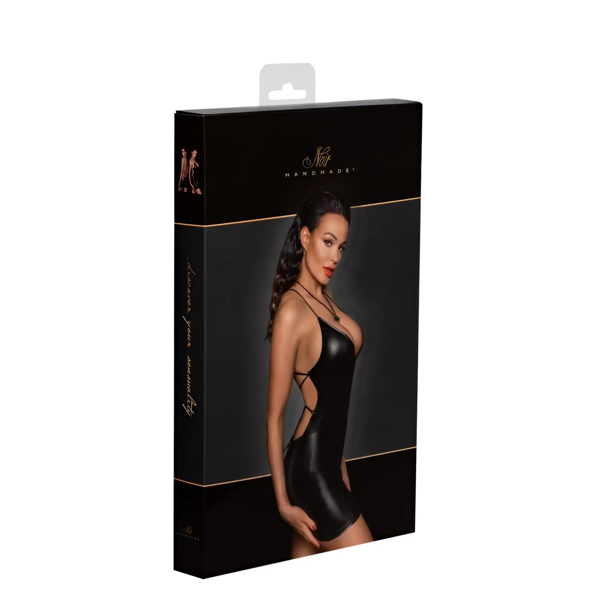 Black leather-like bodysuit with cut-out details packaged in a sleek box from noir power wetlook mini dress series