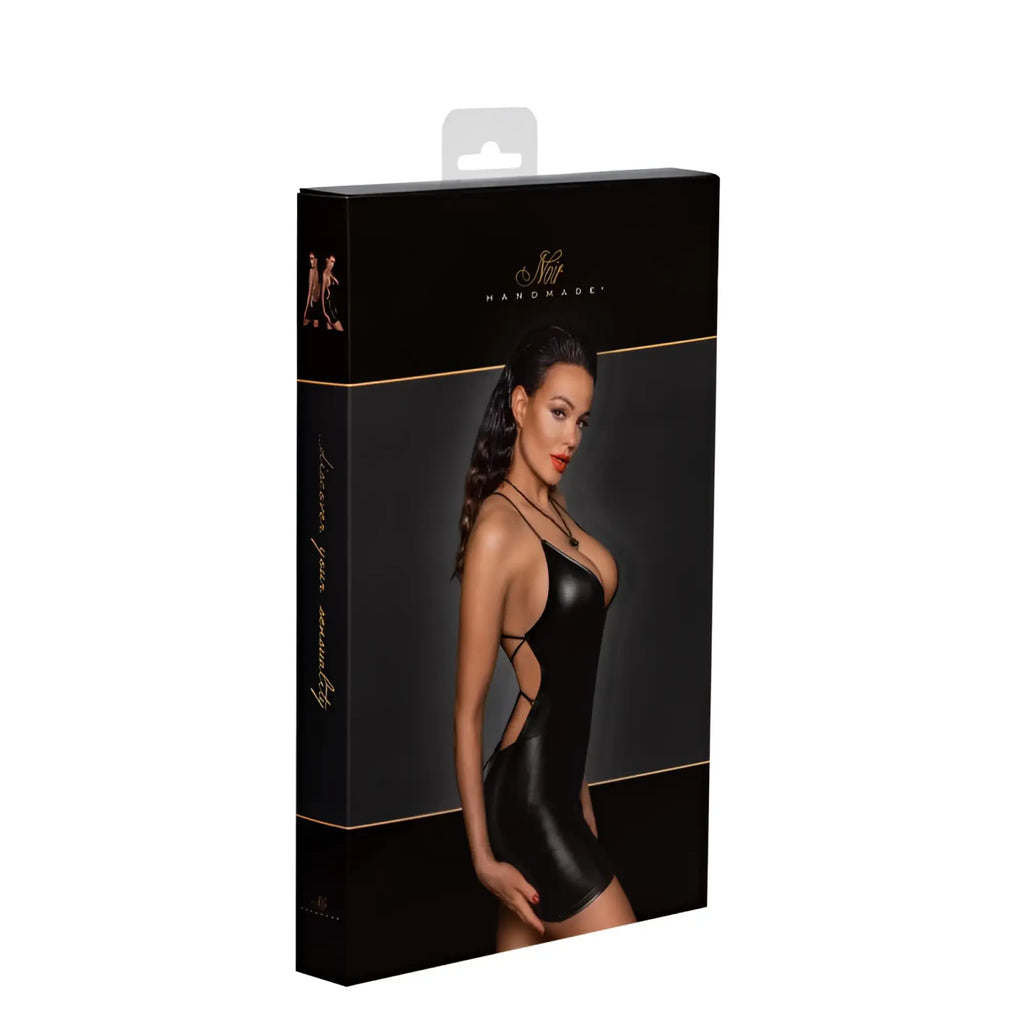 Black leather-like bodysuit with cut-out details in sleek black box for noir power wetlook mini dress w lace up back m