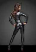 Black glossy latex long sleeve catsuit with high collar featuring leash and two way zipper for versatile wear