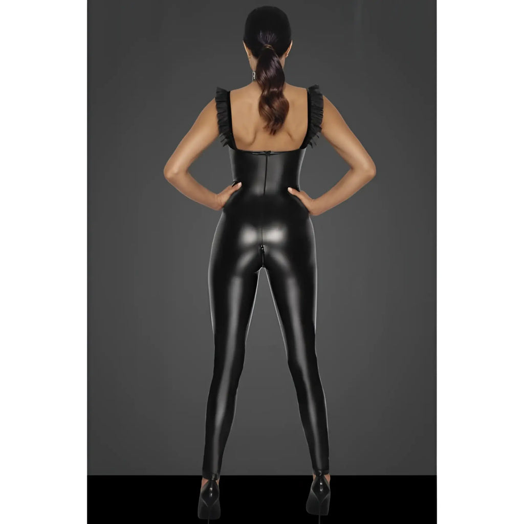 Black glossy faux leather catsuit with ruffled shoulder straps from the Noir Power Wetlook Overall with tulle panel L collection