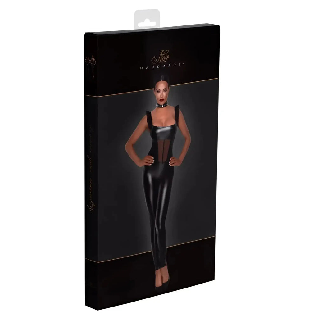 Black glossy latex bodysuit with corset-style front and shoulder straps from noir power wetlook overall w tulle panel l