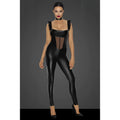 Noir power wetlook overall in black patent leather with sheer mesh tulle panel and ruffled shoulder straps
