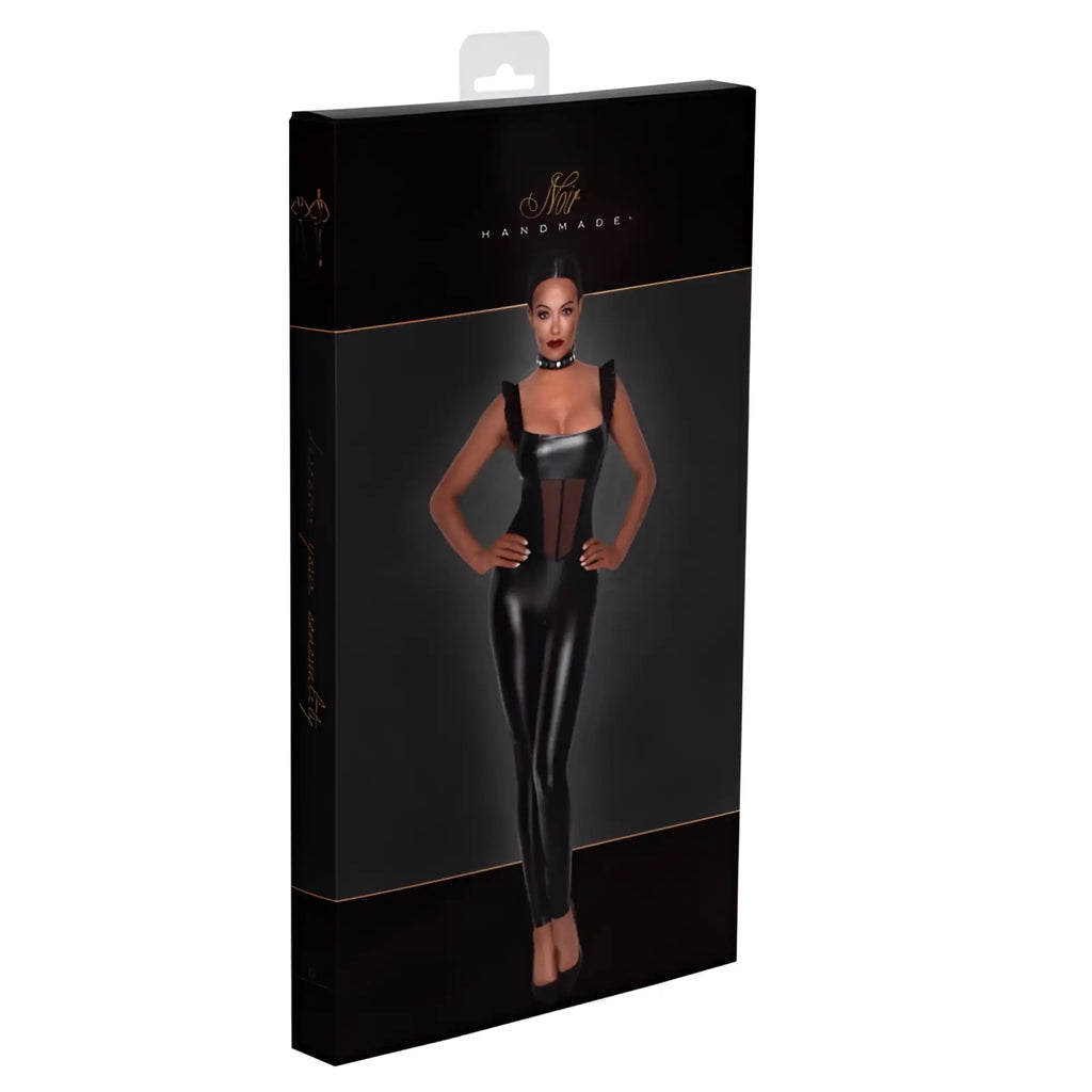 Black glossy latex bodysuit with corset front and shoulder straps featuring a wetlook tulle panel overall design