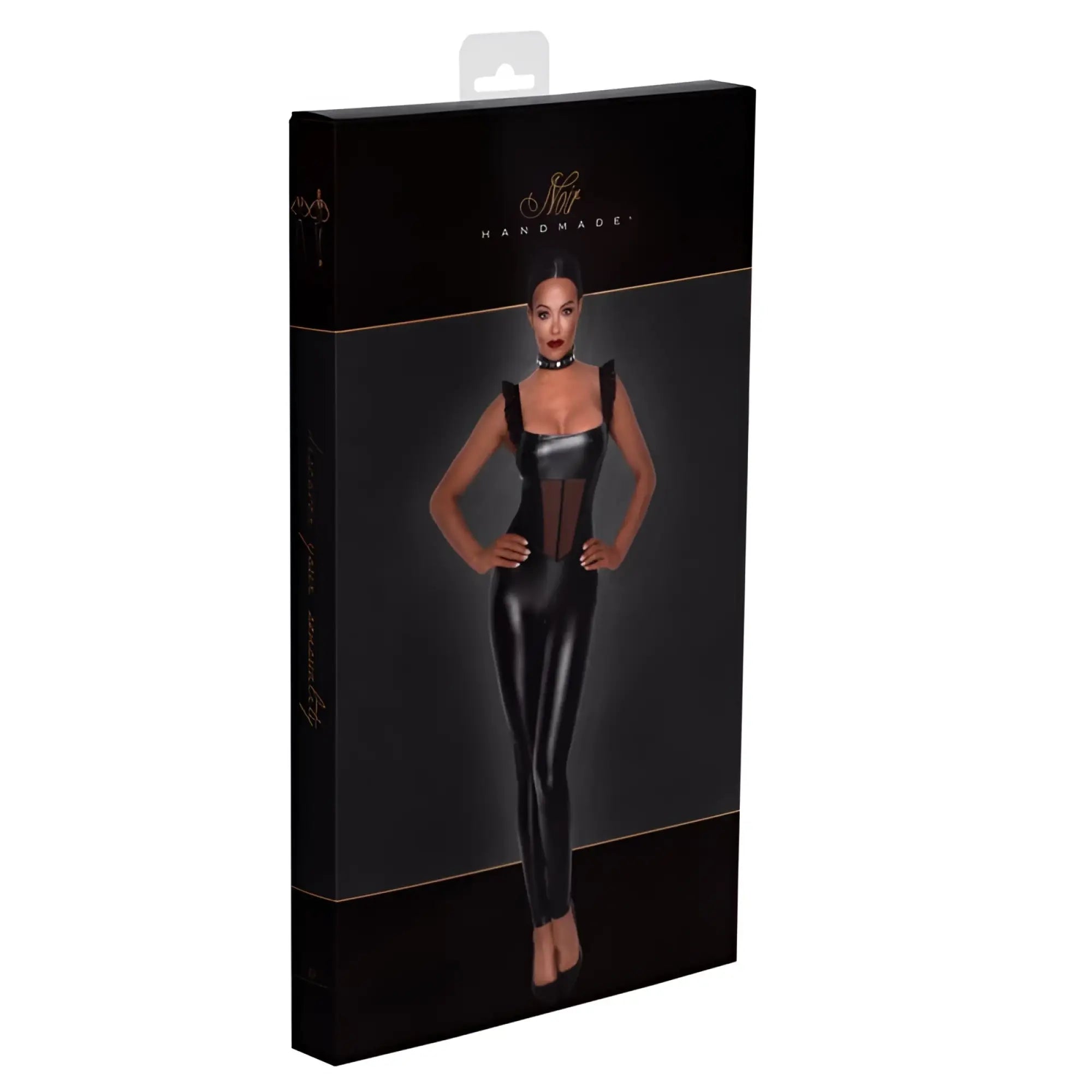 Black glossy latex bodysuit with corset front and shoulder straps featuring a wetlook tulle panel overall design