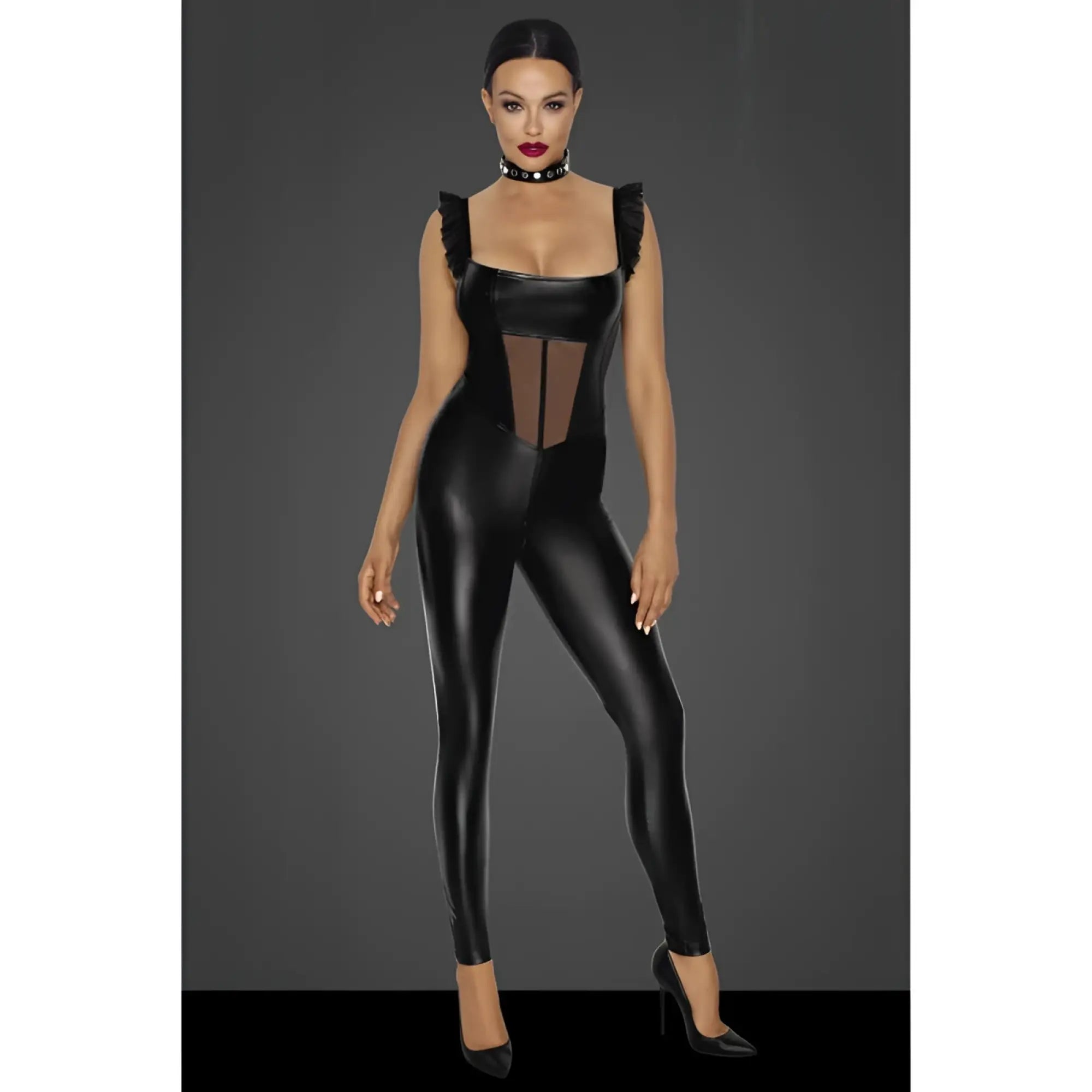 Black patent leather catsuit with sheer mesh tulle panel and ruffled shoulder straps for a bold wetlook style