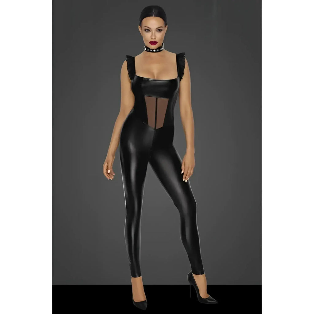 Black patent leather catsuit with sheer mesh tulle panel and ruffled shoulder straps in noir power wetlook overall s