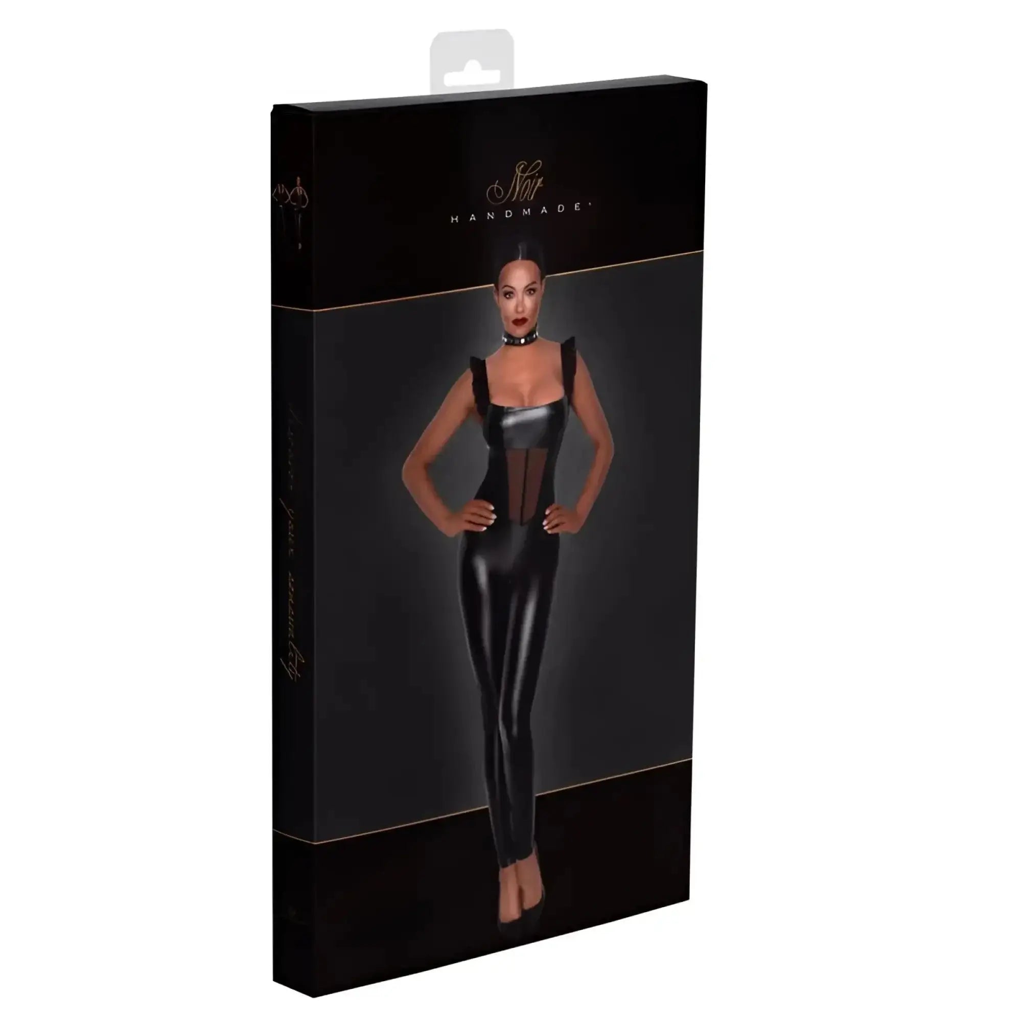 Black glossy latex bodysuit with corset front and shoulder straps featuring tulle panel noir power wetlook overall