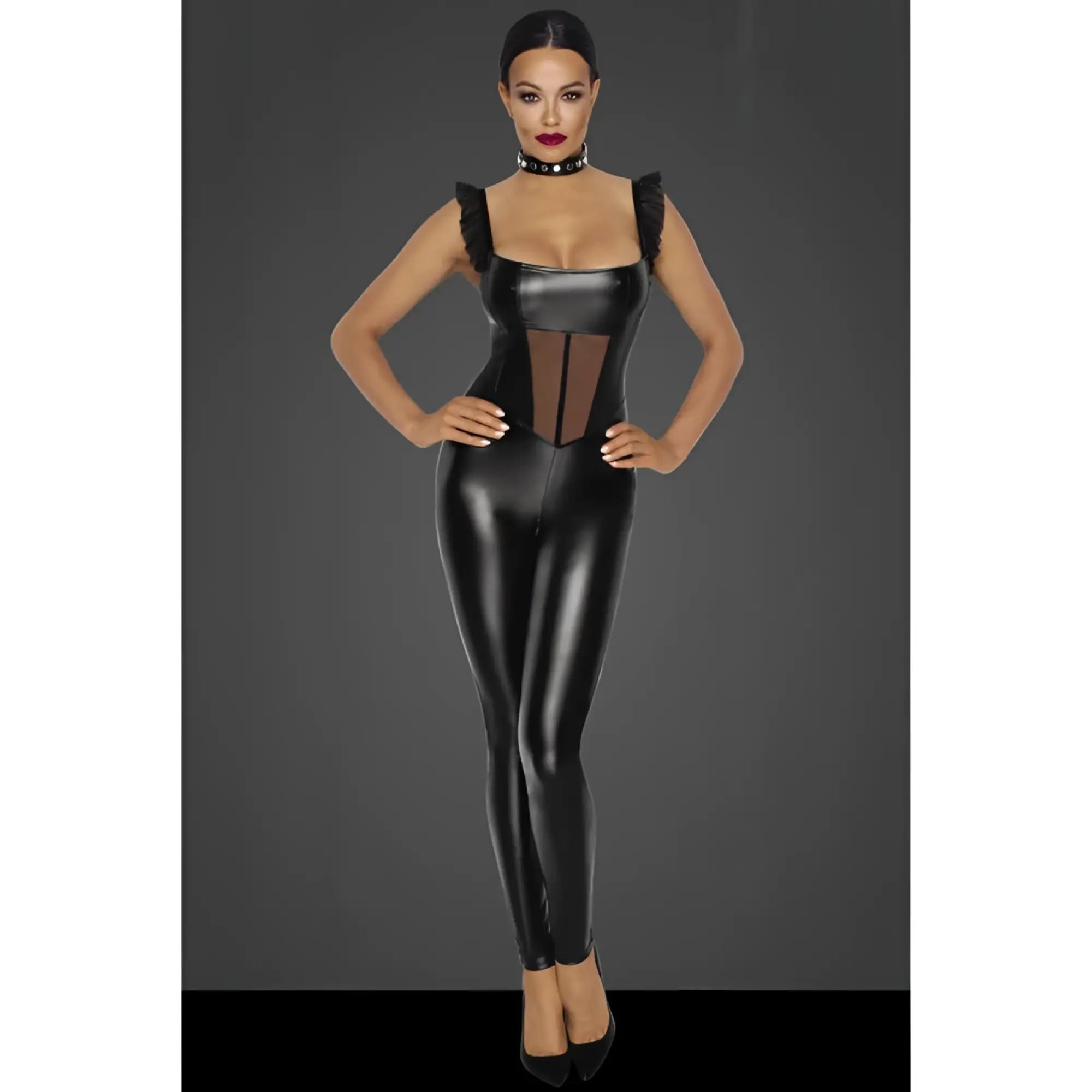 Black patent leather bodysuit with ruffled shoulder straps and sheer tulle panel at the front noir power wetlook overall s