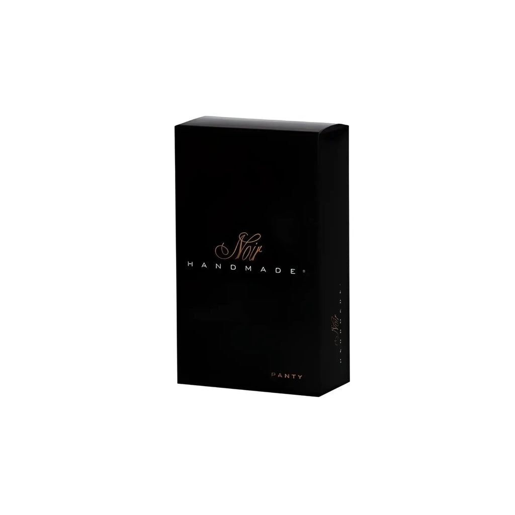 Black rectangular box with gold foil lettering reading noir handmade panty for noir power wetlook panty with gold clasp l