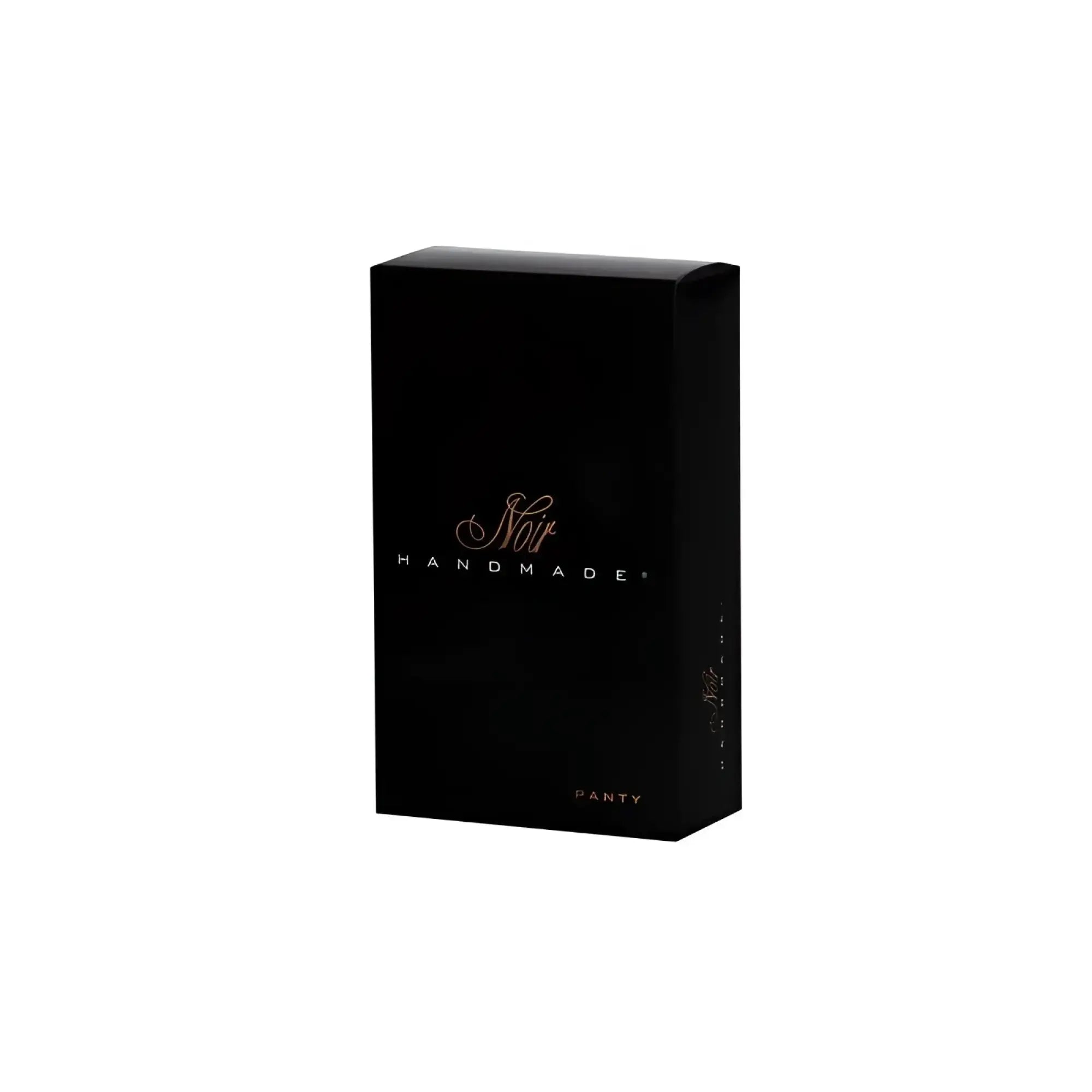 Black rectangular box with gold foil lettering reading noir handmade panty for noir power wetlook panty with gold clasp l