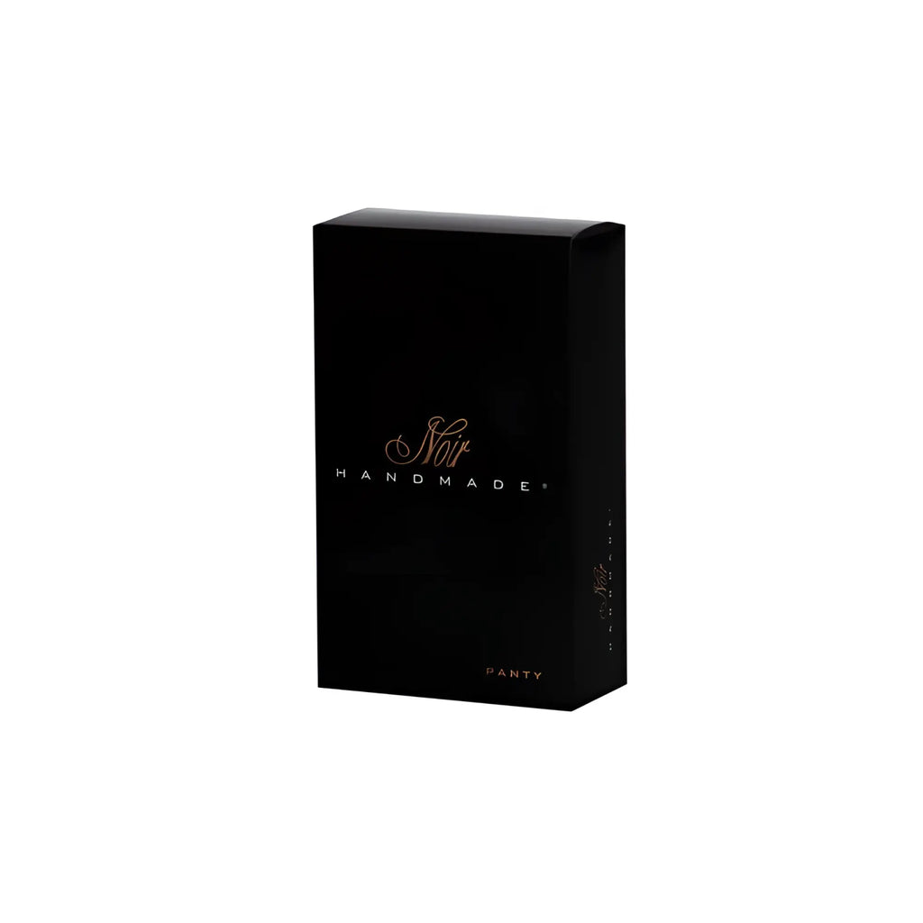 Black rectangular box with gold foil lettering reading noir handmade panty for noir power wetlook panty with gold clasp l