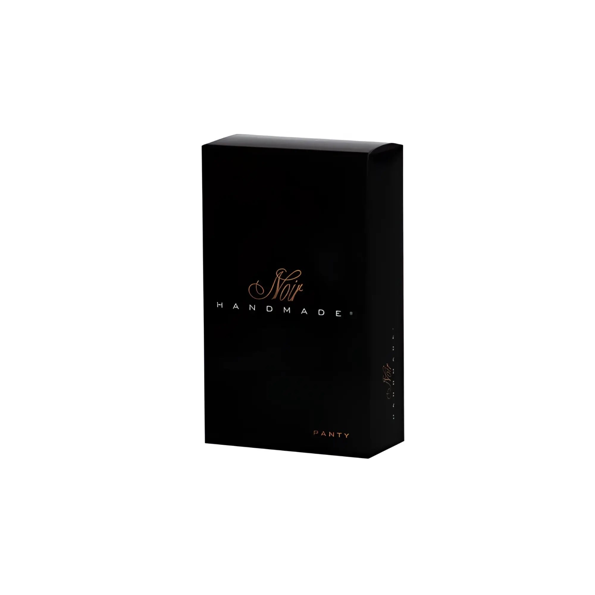 Black rectangular box with gold foil lettering reading noir handmade panty for noir power wetlook panty with gold clasp l