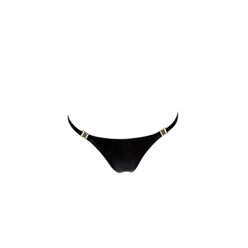 Black thong bikini bottom with gold-tone metal clasps at hip straps in wetlook material shown from back side