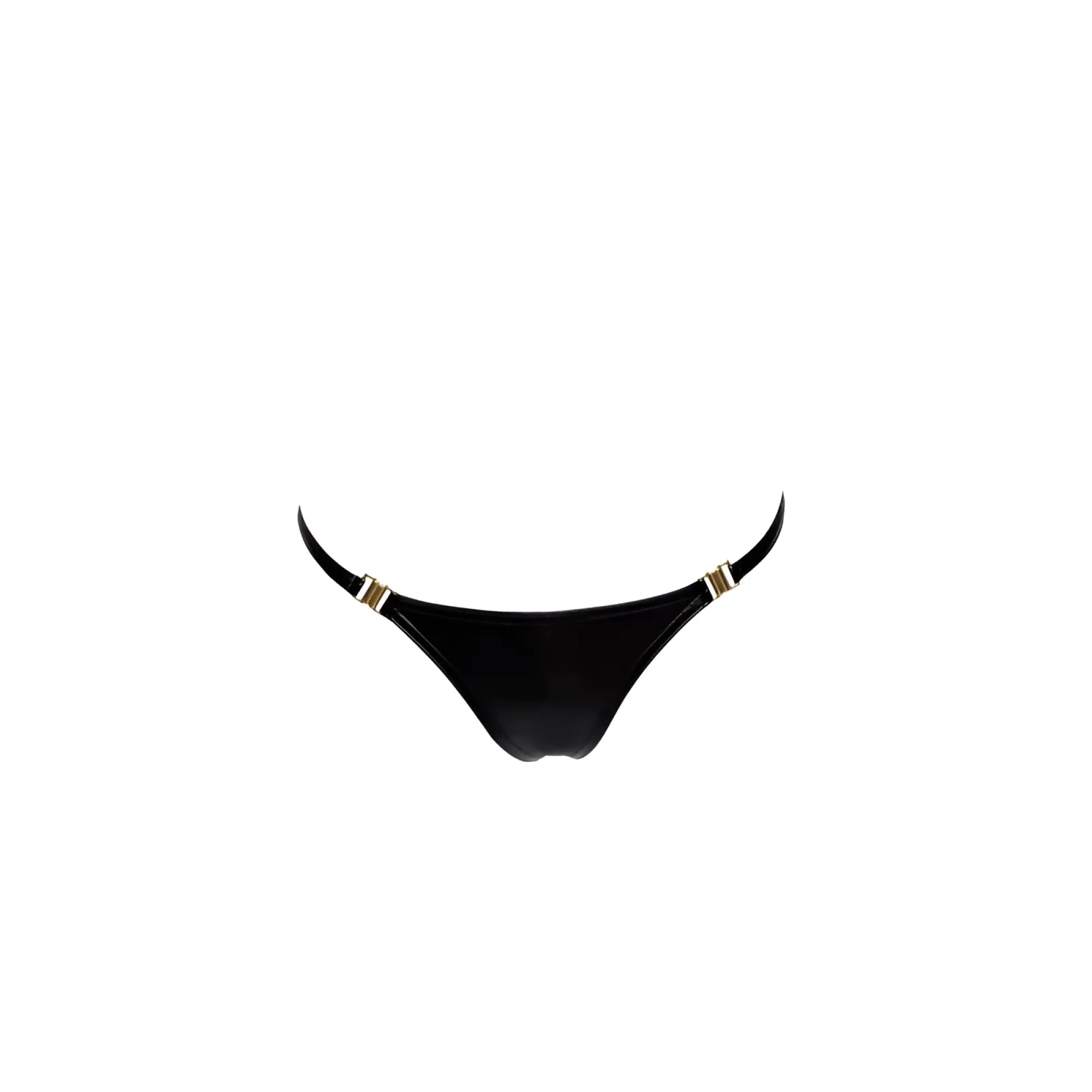 Black thong bikini bottom with gold-tone metal clasps at hip straps in wetlook material shown from back side