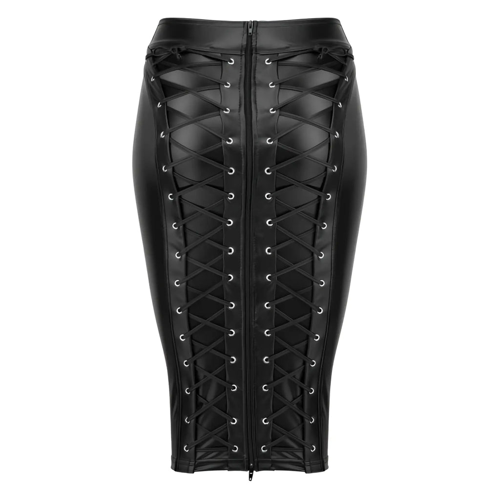 Black faux leather lace-up pencil skirt with silver eyelets and long central zipper in size 2XL