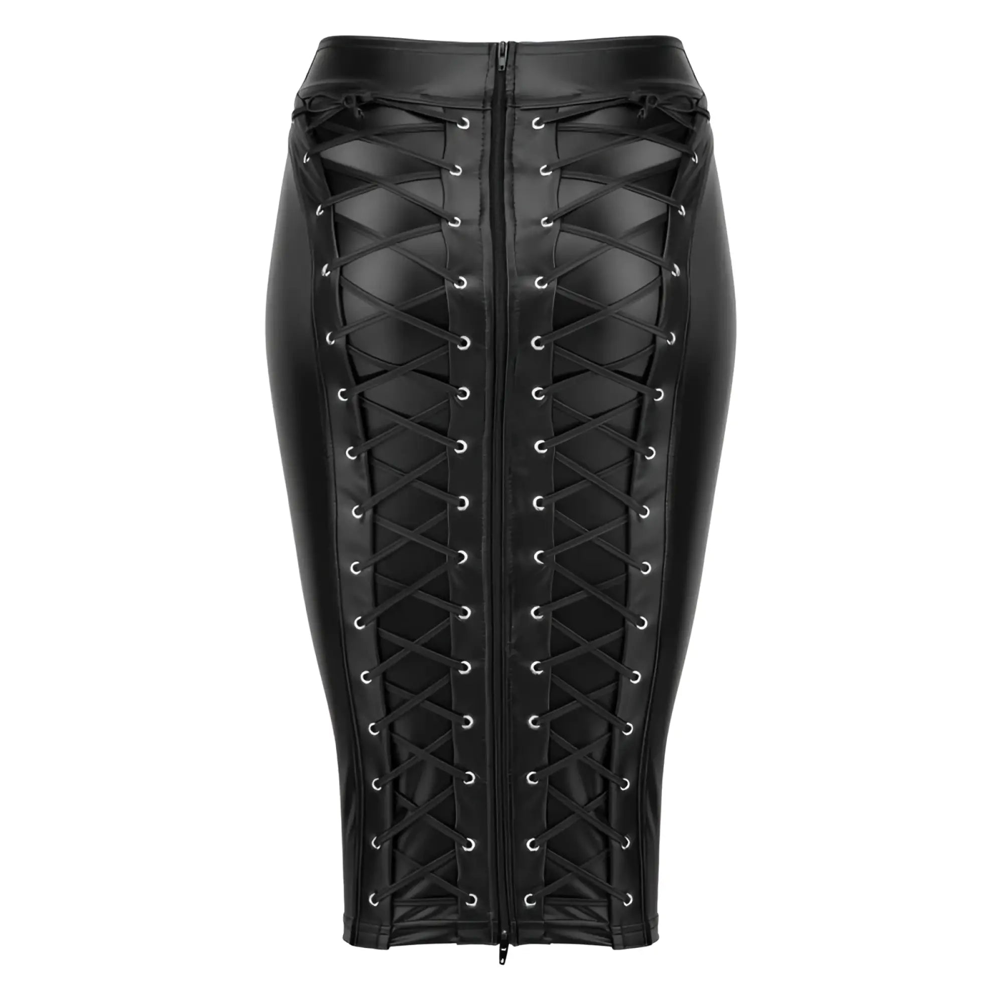 Black faux leather lace-up pencil skirt with silver eyelets and long central zipper in size 2XL