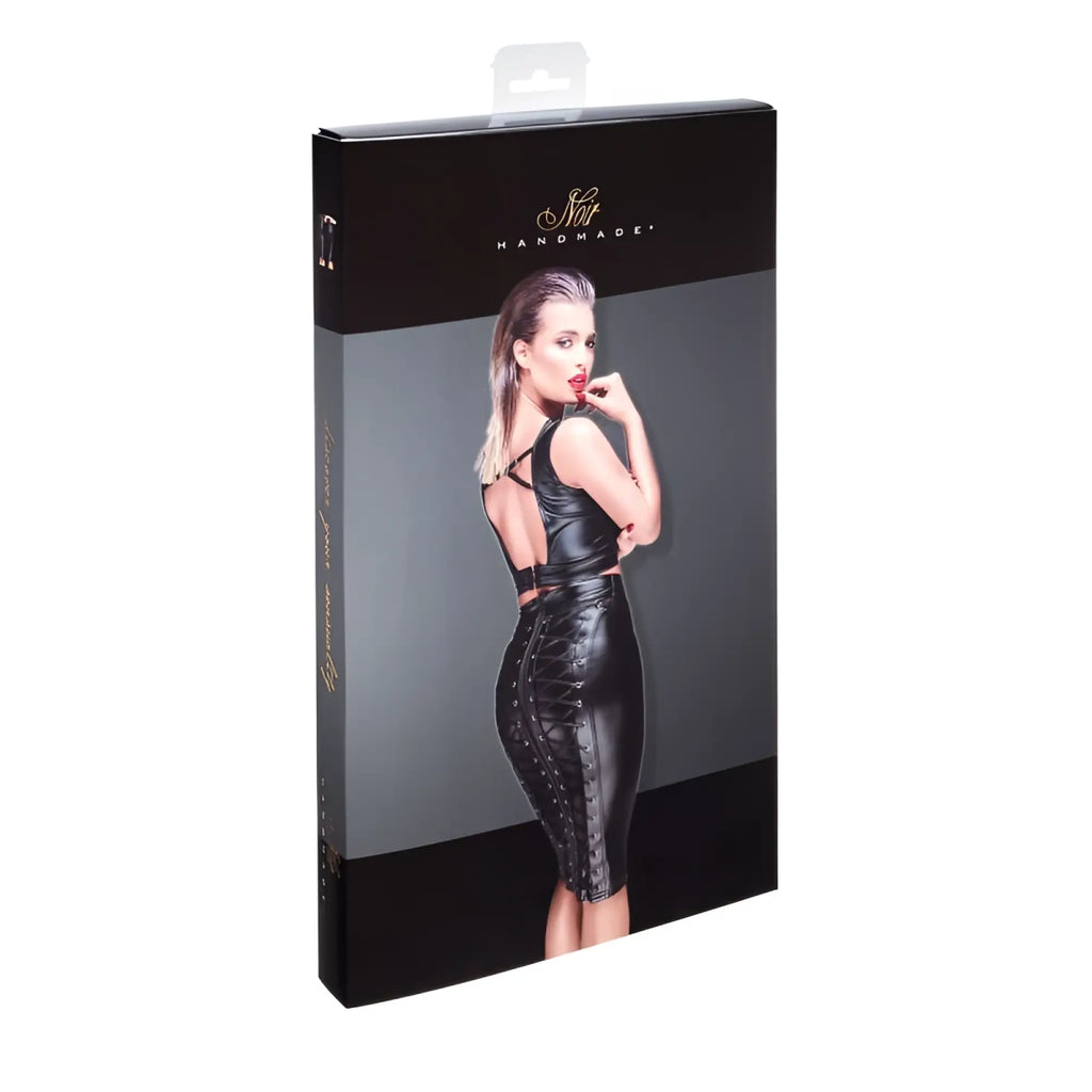 Black leather corset style dress with lace up front and back features a sleek form fitting design in 2xl size
