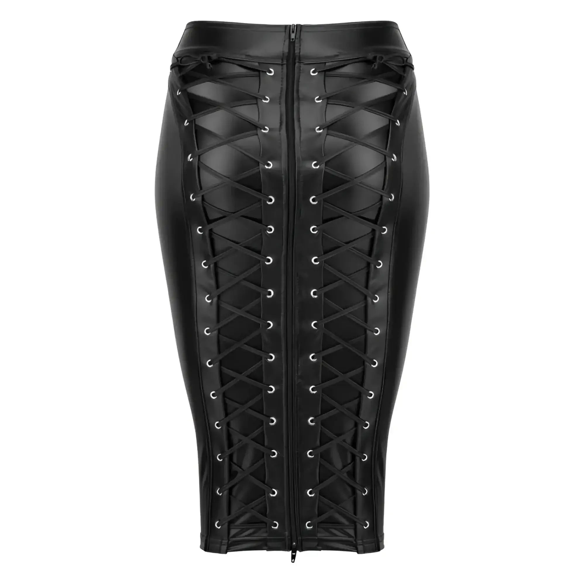 Black faux leather lace-up pencil skirt with silver eyelets and long central zipper in 3XL size