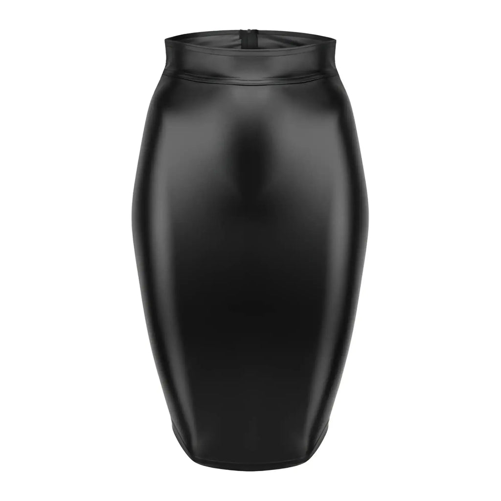 Black glossy faux leather high waist pencil skirt with long zipper closure in 3XL for a sleek power look