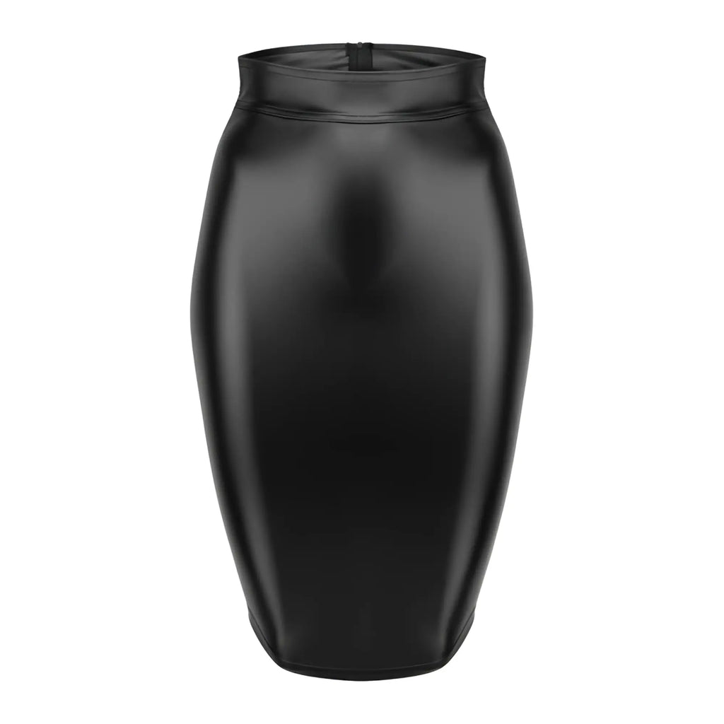 Black glossy faux leather high waist pencil skirt with long zipper closure front in xl size
