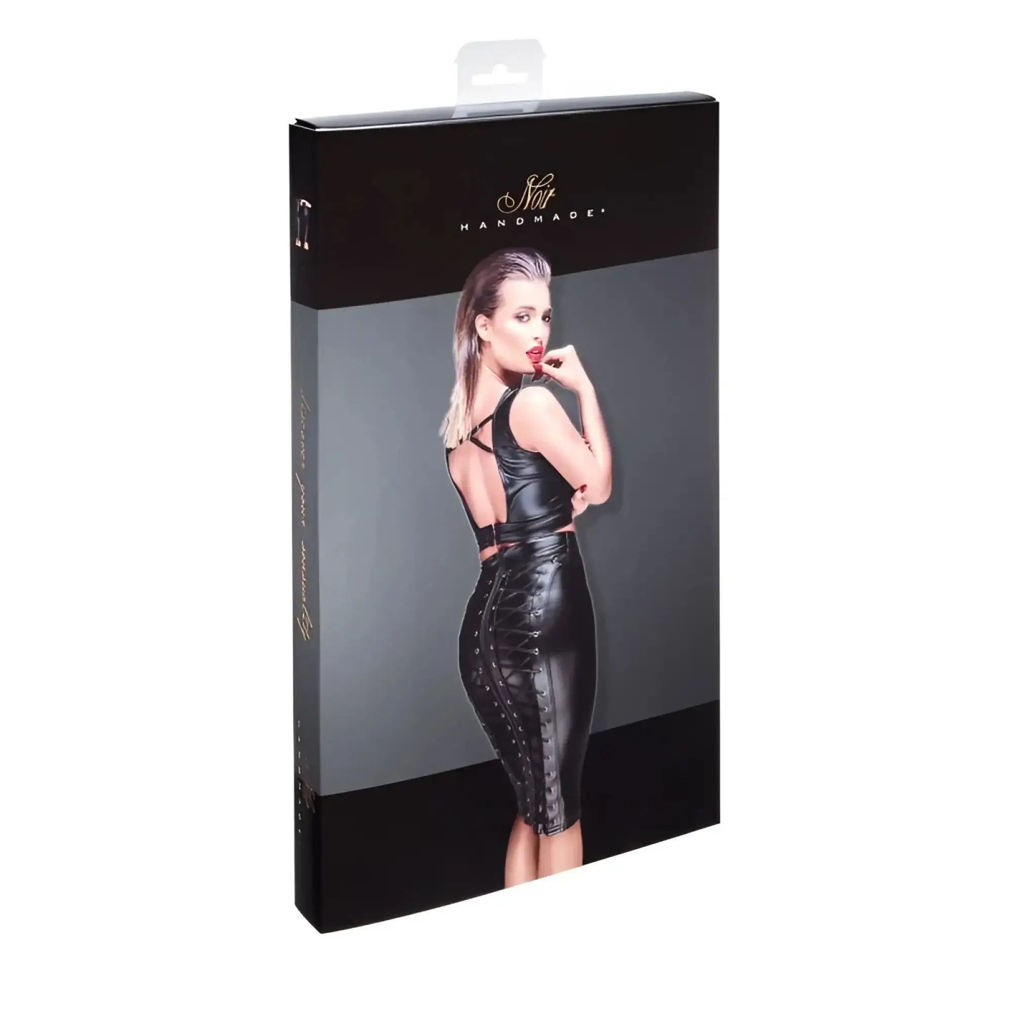Black leather corset-style dress with lace-up front and back in a sleek form-fitting noir power wetlook pencil skirt xl