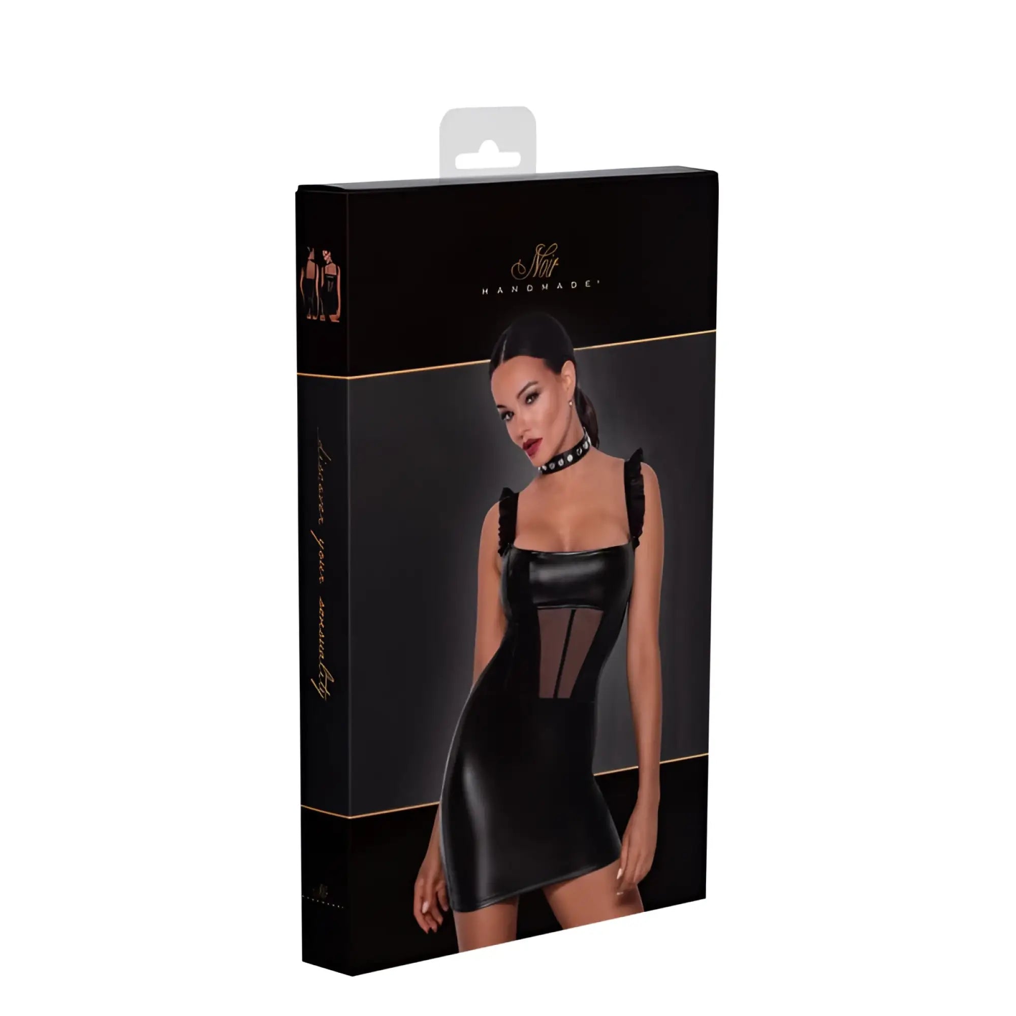 Black faux leather mini dress with sheer mesh panel and ruffled shoulder straps featuring front tulle inserts
