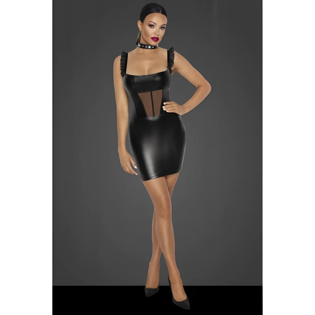 Black faux leather mini dress with ruffled shoulder straps and sheer mesh front panel called Noir Power Wetlook Short Dress