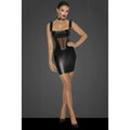 Black faux leather mini dress with ruffled shoulder straps and sheer mesh front panel called Noir Power Wetlook Short Dress