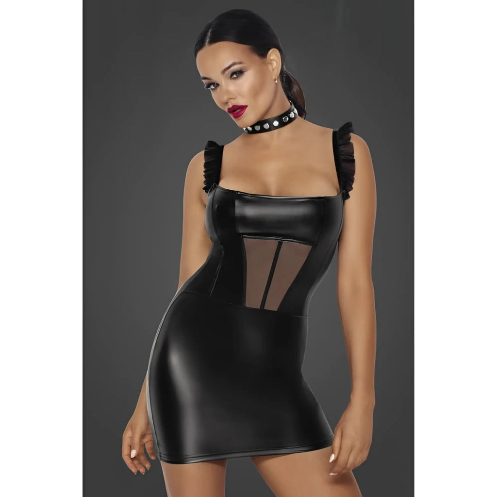 Black faux leather mini dress with ruffled shoulder straps and sheer mesh front panel noir power wetlook short dress l