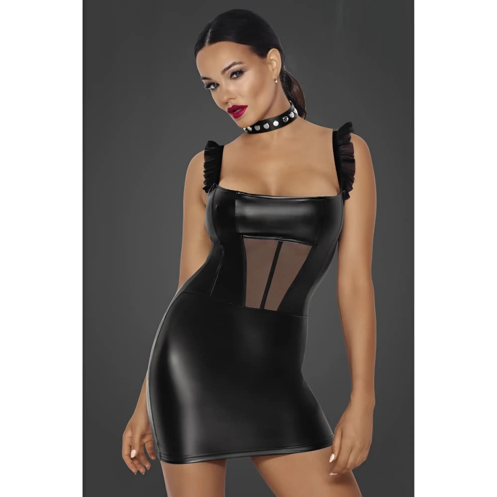Black faux leather mini dress with ruffled shoulder straps and sheer mesh front panel noir power wetlook short dress l