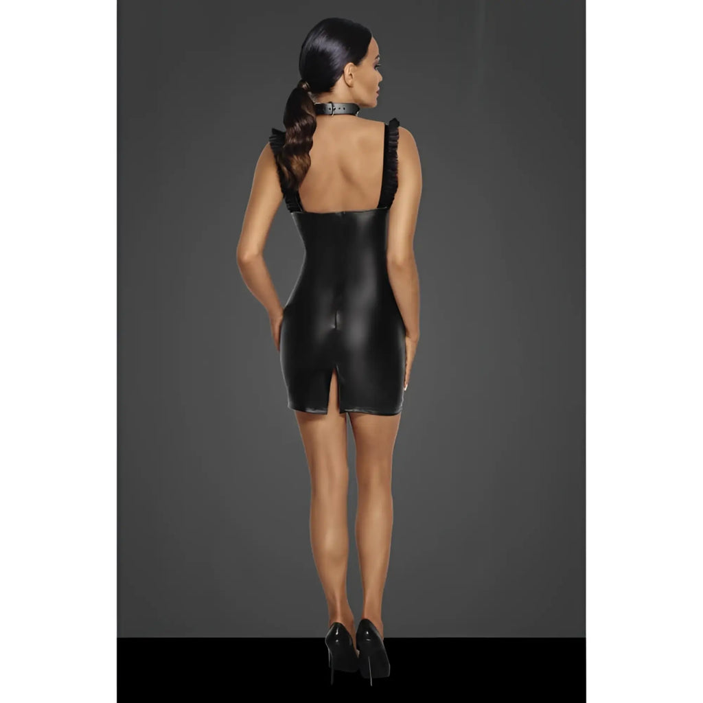 Black faux leather mini dress with ruffled shoulder straps and back slit shown from the back in noir power wetlook style