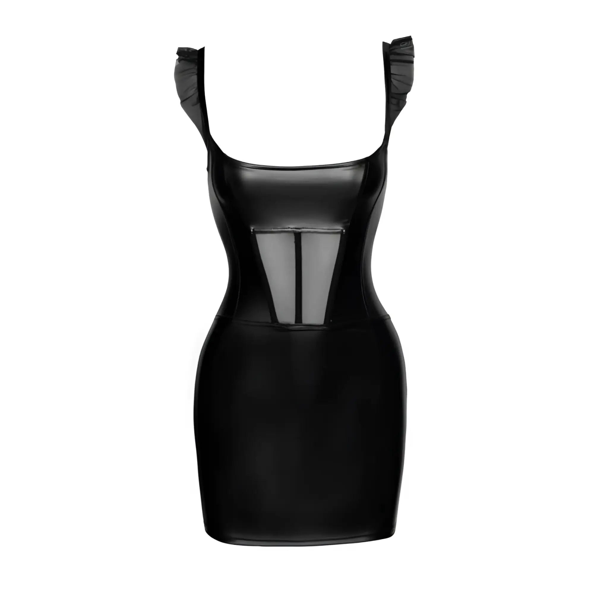 Black glossy faux leather mini dress with sheer ruffled shoulder straps and central mesh panel front view