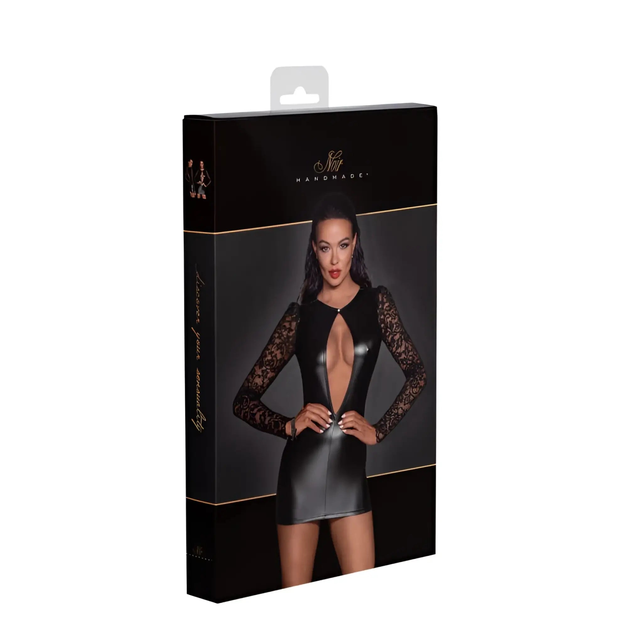 Black lace and faux leather noir power wetlook mini dress with lace sleeves and plunging neckline front view
