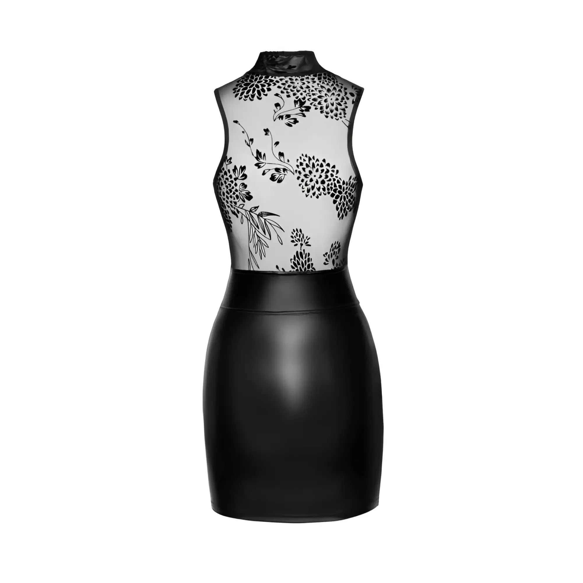 Black floral lace high neck top with matching black faux leather skirt in Noir Power Wetlook short dress set