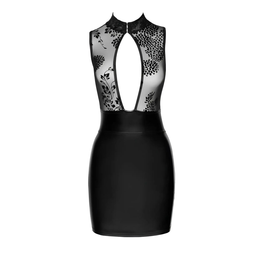 Black high-necked mini dress with sheer floral lace tulle top and glossy faux leather wetlook skirt